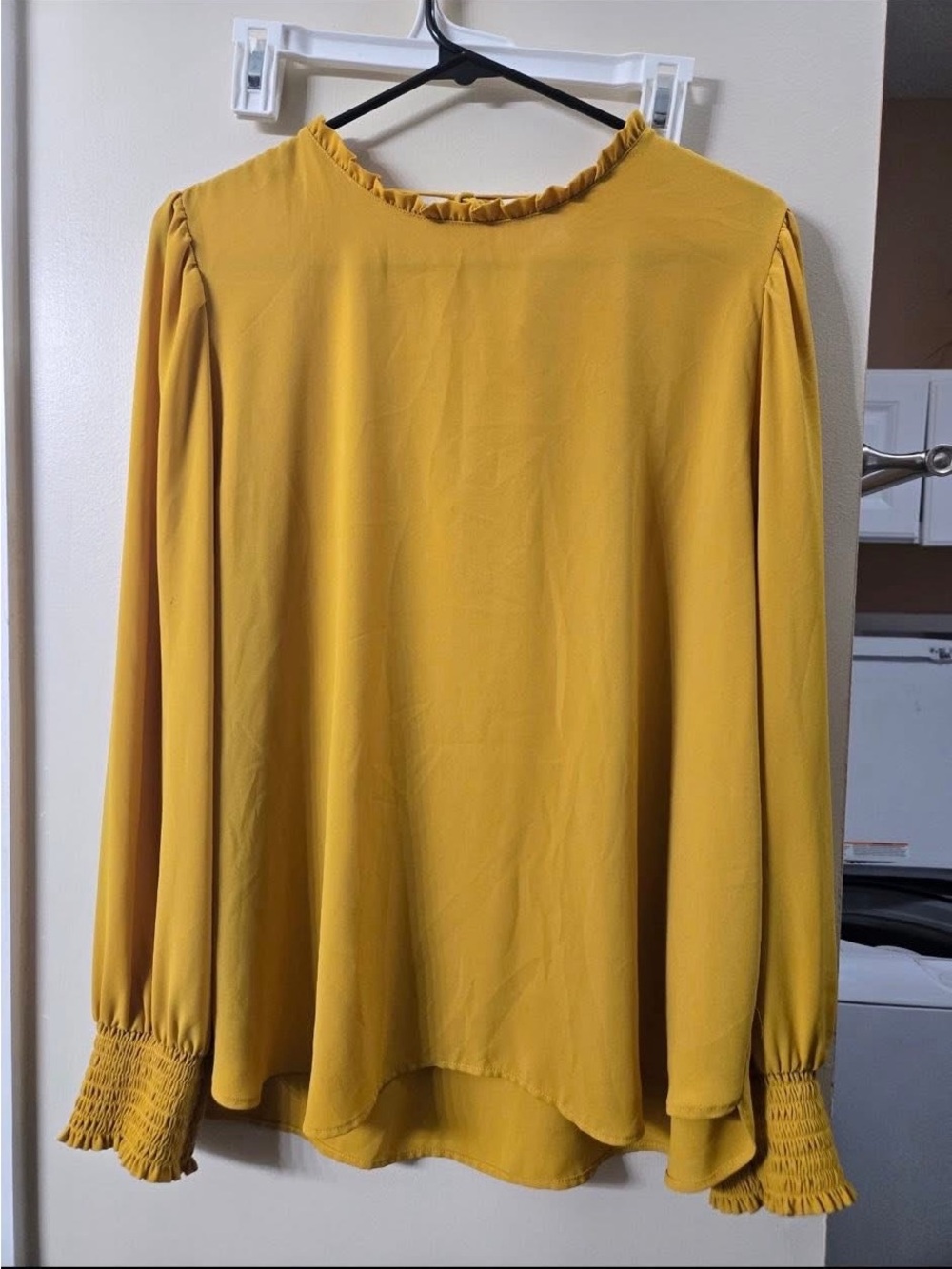 Mustard Long-Sleeve Ruffle Neck Blouse - Women